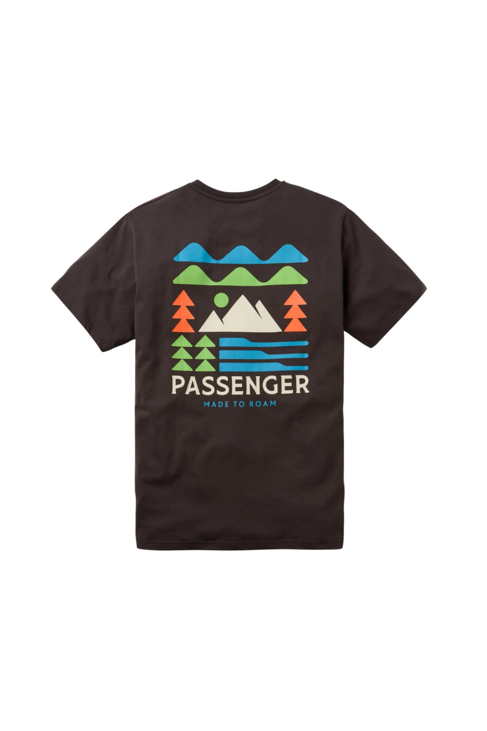 A dark brown short-sleeve t-shirt with a colorful graphic on the chest depicting mountains, trees, and water, with the text 'PASSENGER' and 'MADE TO ROAM' underneath.