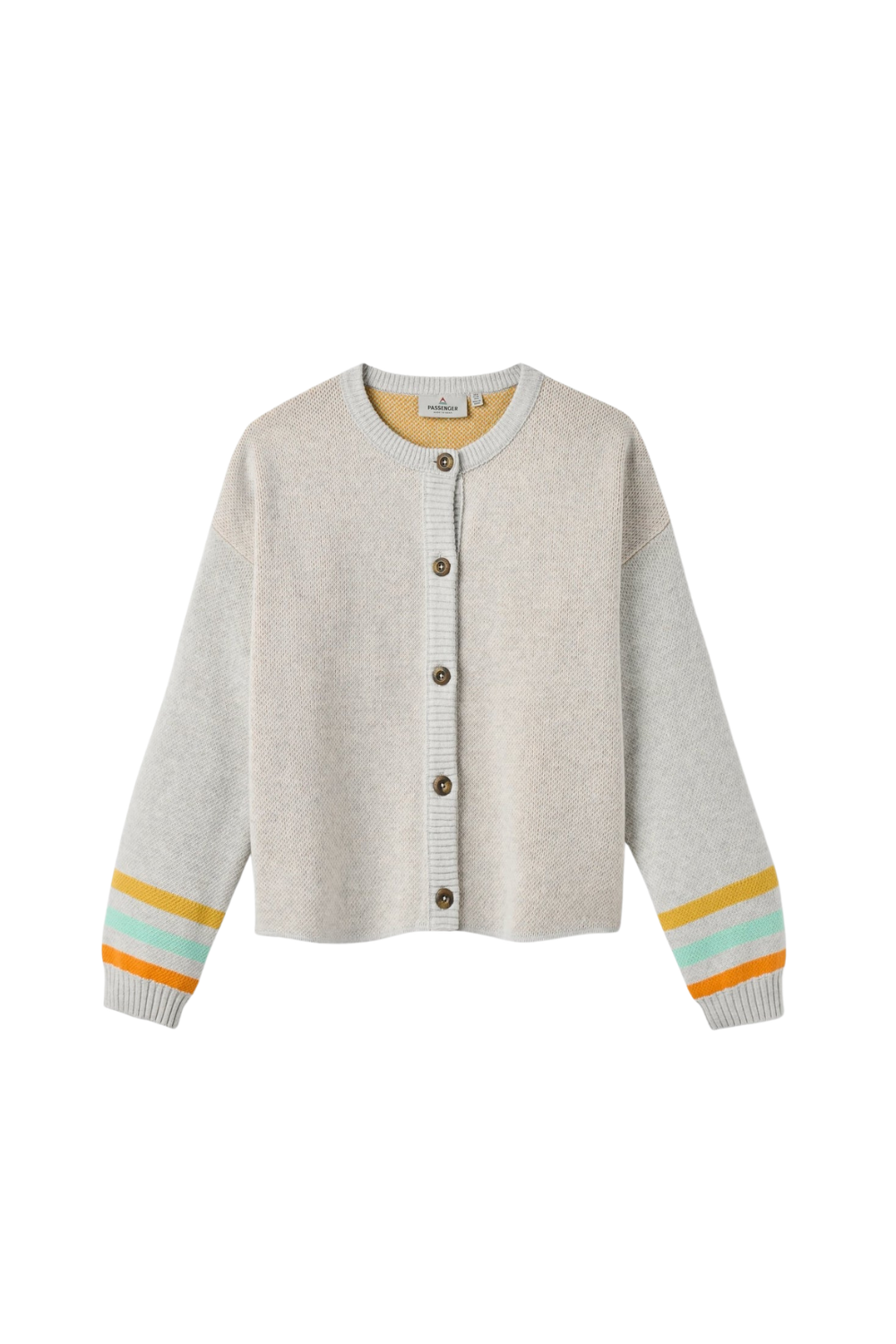 Grey Cardigan with multicoloured stripes on sleeves.