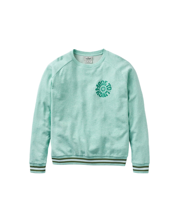 A green Passenger brand organic cotton sweatshirt with a graphic on the front, contrast colour tipping on cuffs and hem.