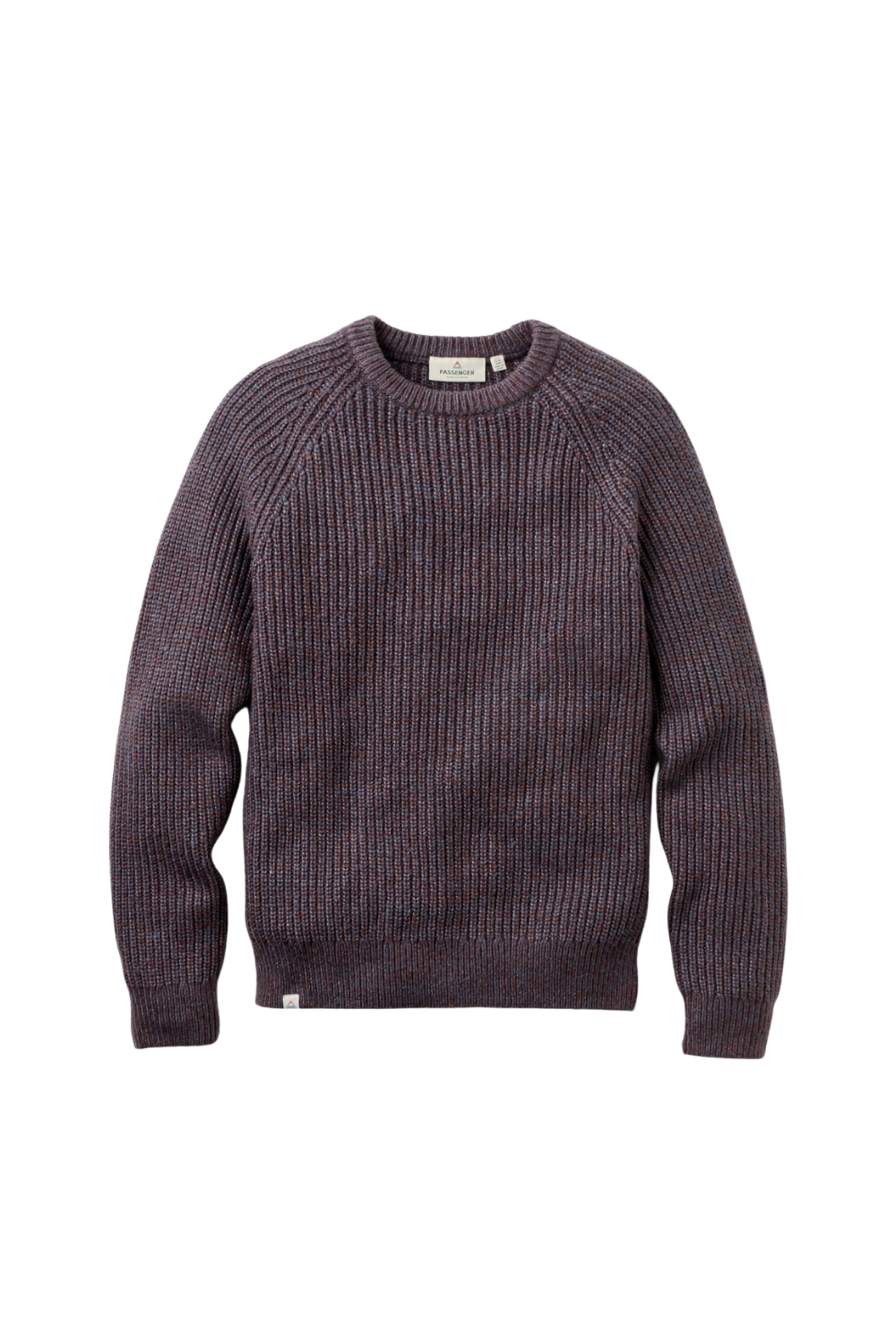 A dark heathered ribbed knit crewneck sweater with raglan sleeves, shown flat against a solid white background.