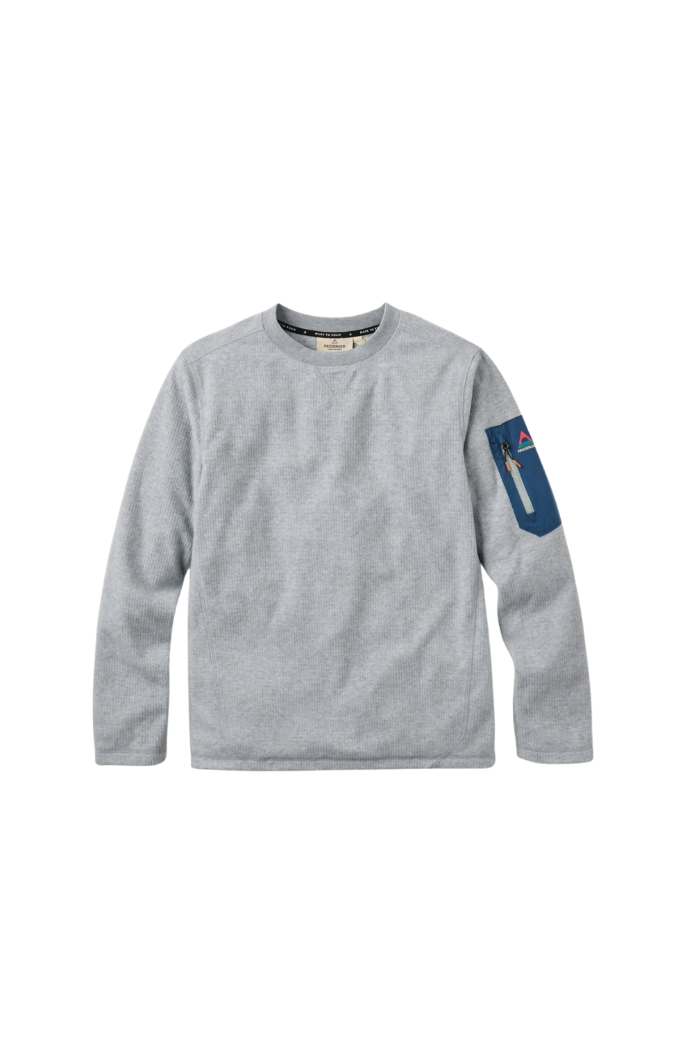 A light gray heather crewneck sweatshirt with a blue graphic patch on the left sleeve, displayed on a clean white background.