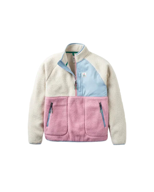 A 1/2 zip sherpa fleece jacket with oatmeal and pink haze color blocks, featuring a contrast fabric front zip pocket and zipped hand pockets.