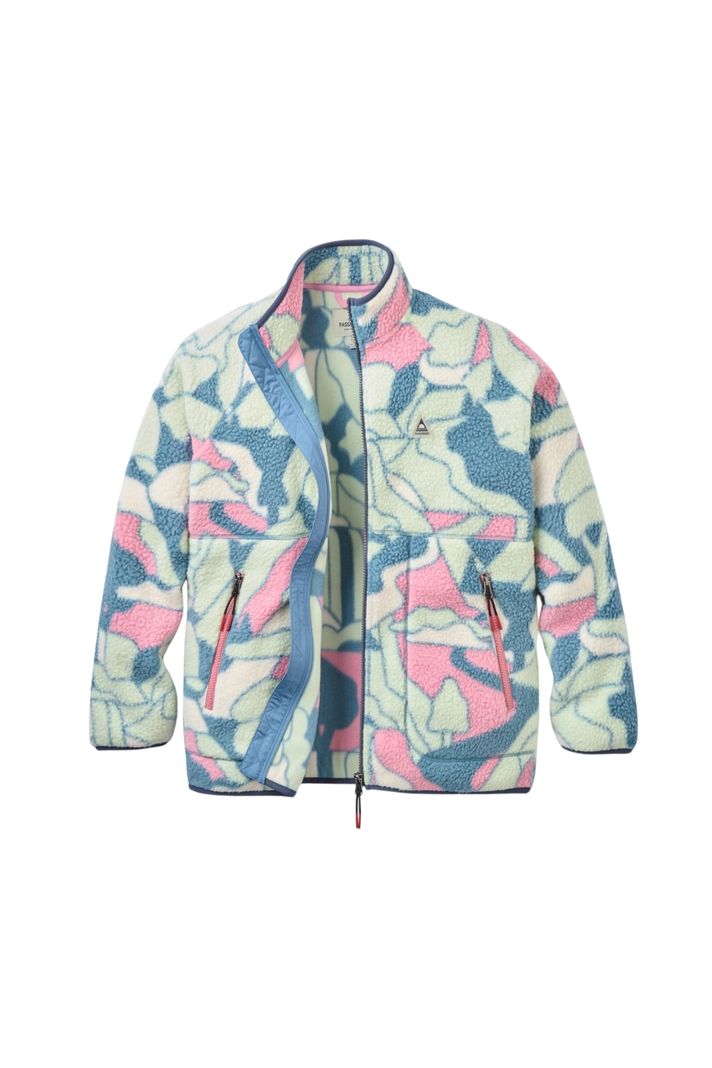 A fleece jacket with a colorful abstract pattern in pink, blue, and cream, featuring a stand-up collar, front zipper, and zippered hand pockets.