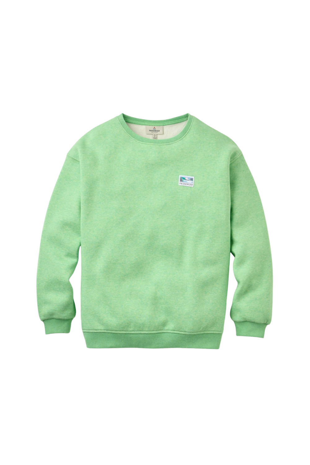 Green sweatshirt with a Passenger label on the chest 