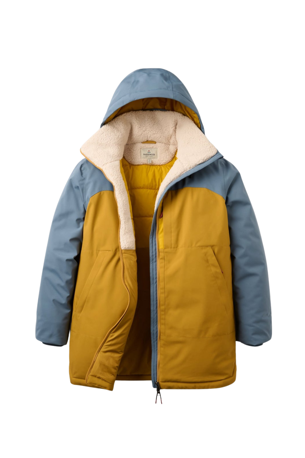 A hooded womens winter jacket with a color-blocked design, featuring a mustard yellow body, slate blue sleeves and hood, and a cream sherpa lining visible at the collar and inside the hood.