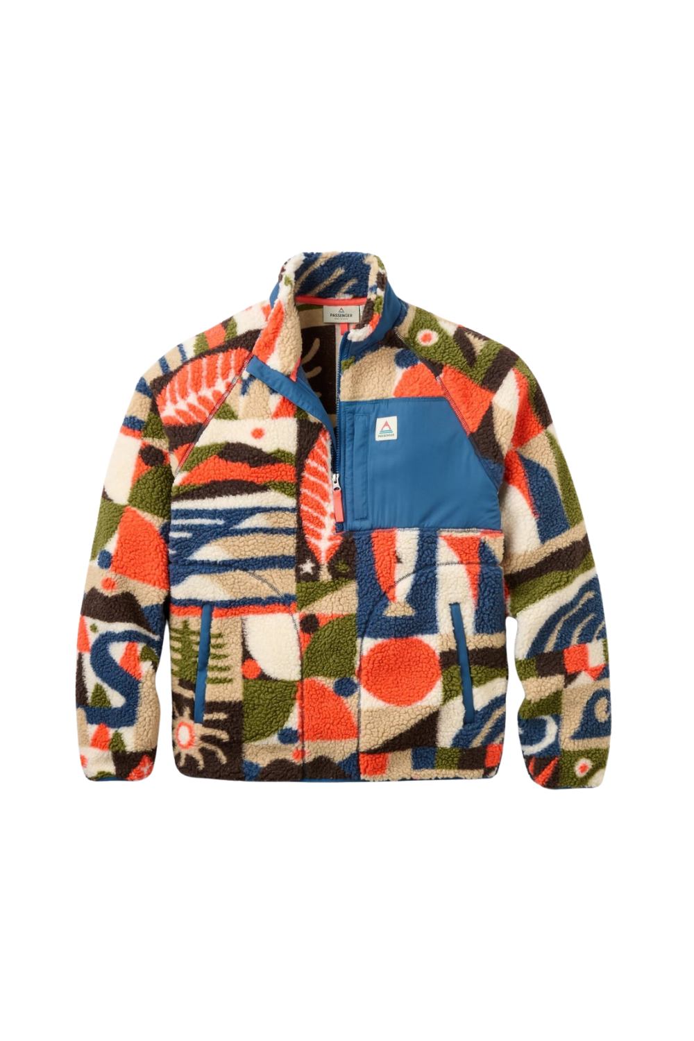 A Passenger  half zip fleece jacket with a colorful abstract geometric pattern in orange, blue, green, beige, and black, featuring a solid blue chest pocket with a small white logo.