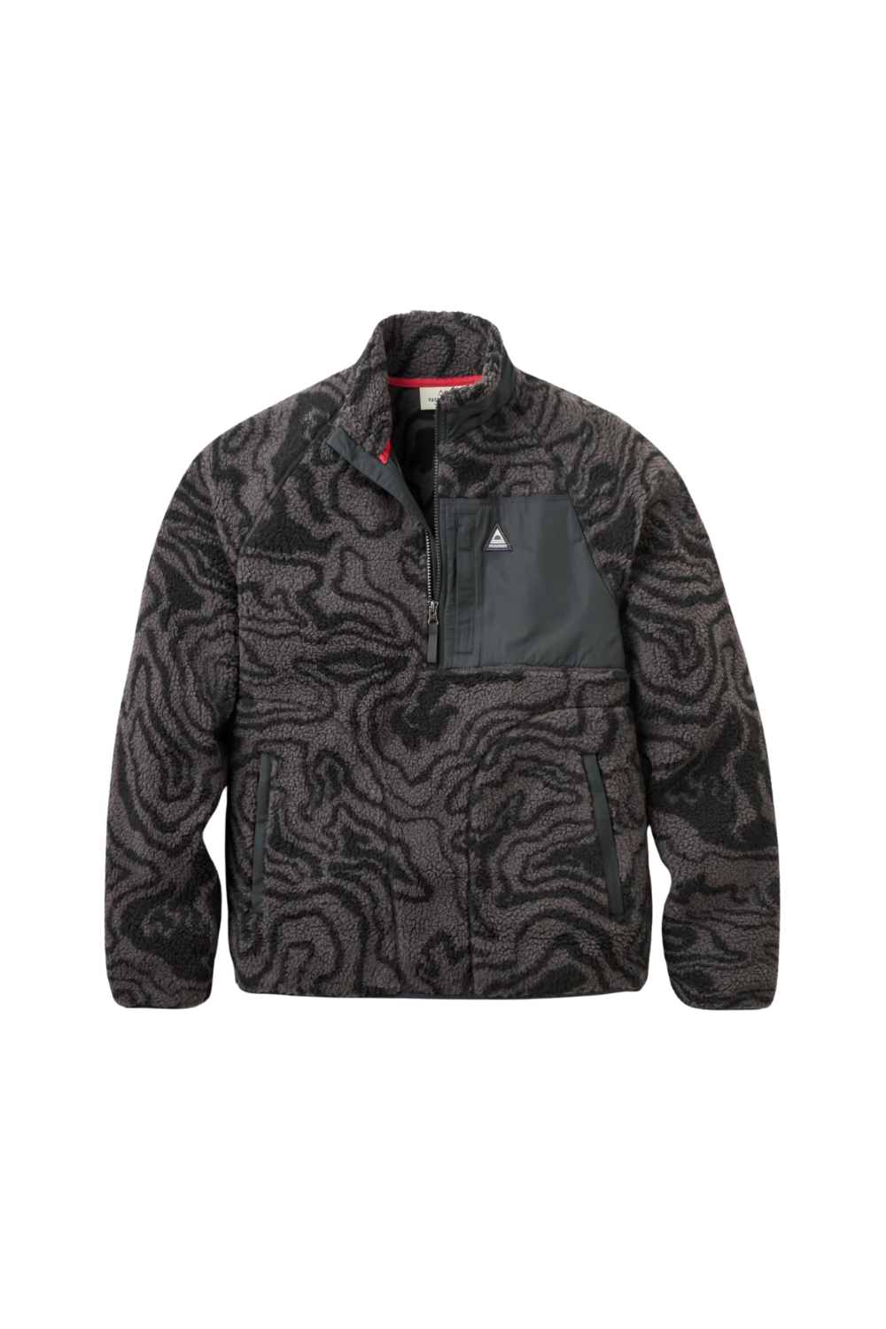 A dark gray and black patterned fleece jacket with a solid dark gray chest pocket and a small white logo, displayed on a clean white background.