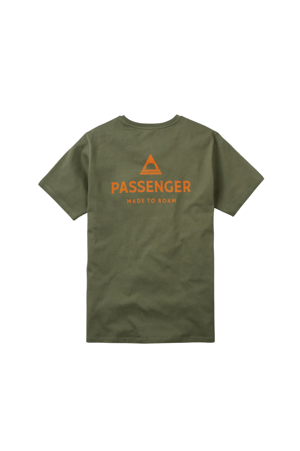 Green t-shirt with orange text and logo on a white background