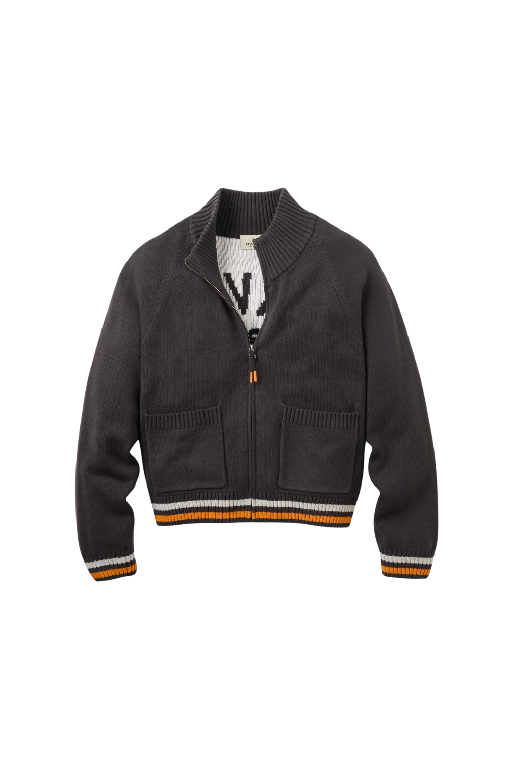 A faded black knit zip-up cardigan jacket with a ribbed mock neck, two front patch pockets, and striped ribbed trim at the hem and cuffs featuring orange, white, and faded black.