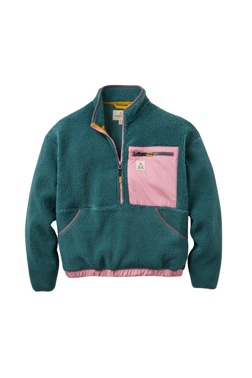 A teal fleece quarter-zip pullover jacket with a pink chest pocket and pink trim, shown on a plain white background.