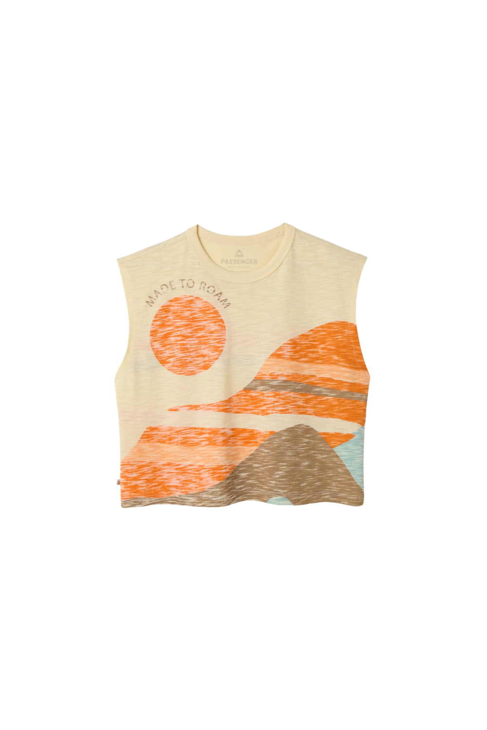 Sleeveless Passenger vest top with a sunset design on a white background