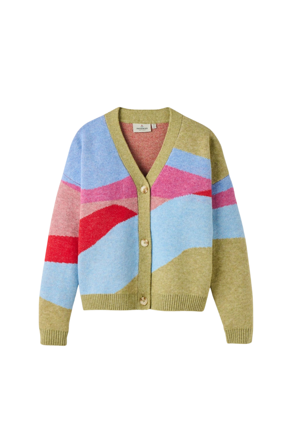 Cardigan in olive green, pink, blue and red on a white background