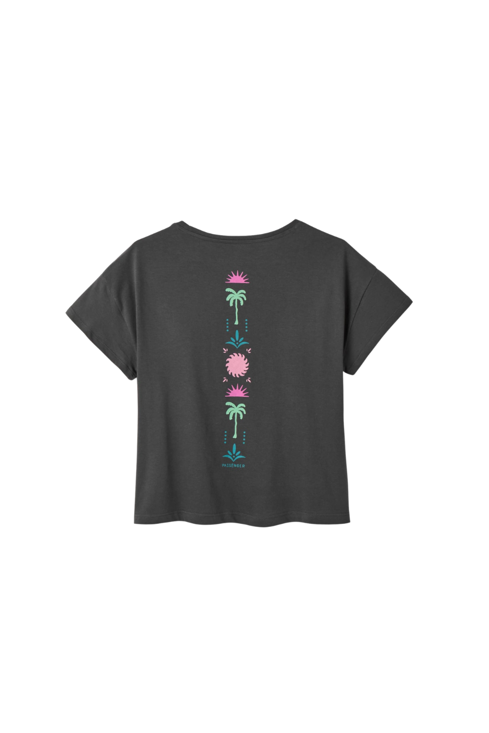 Faded black Passenger t-shirt with colourful palm tree print on the back