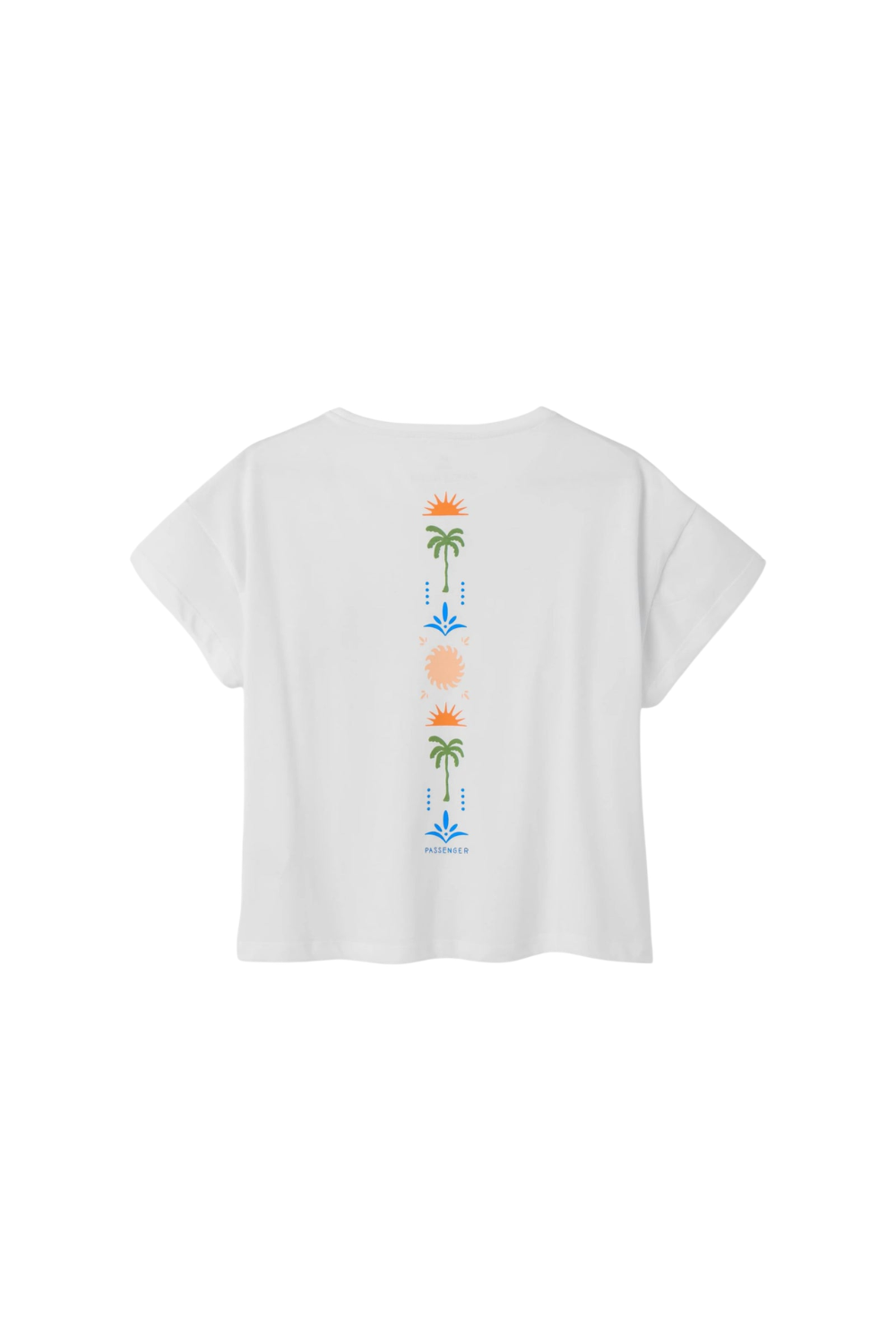 White Passenger  t-shirt with colorful graphics on the back against a white background