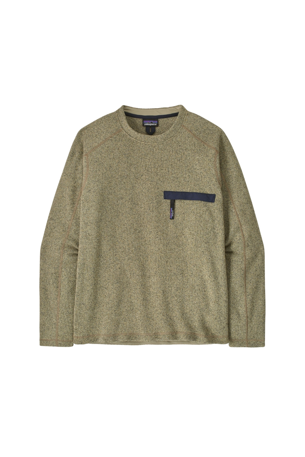 A Patagonia long-sleeve crewneck sweater in a heathered olive green fabric, featuring a dark navy horizontal chest pocket with a zipper.