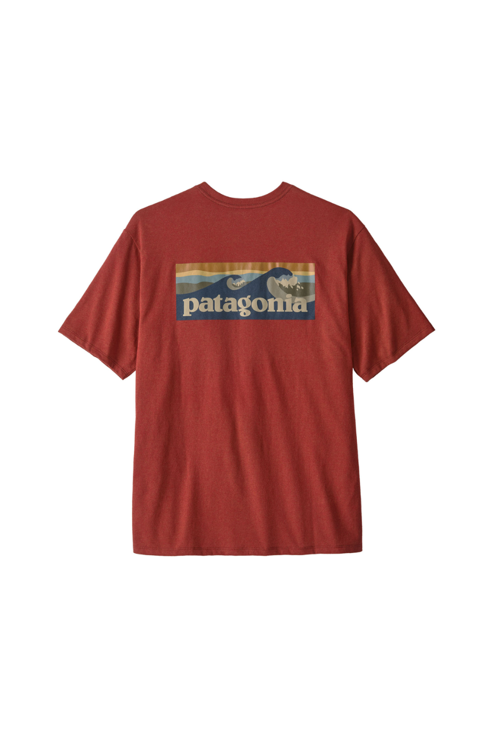 A Patagonia short-sleeve t-shirt in a heathered rust red color, featuring the brand's signature wave graphic and 'patagonia' text across the chest.