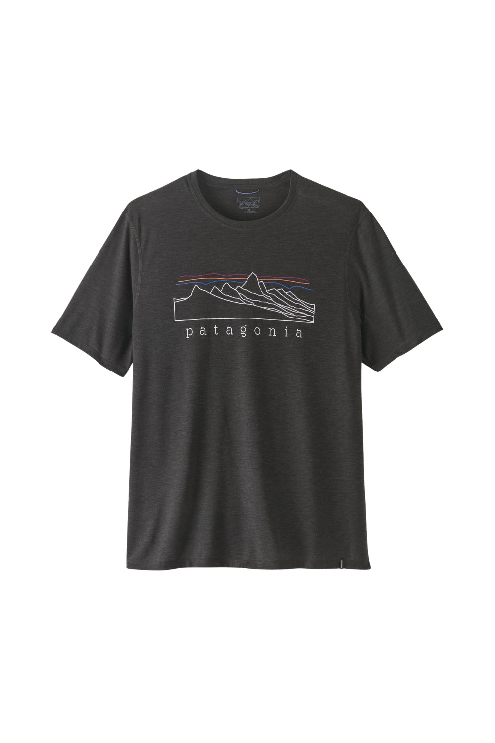 A dark charcoal gray heathered t-shirt with a white and red Patagonia mountain graphic on the chest, displayed against a solid white background.