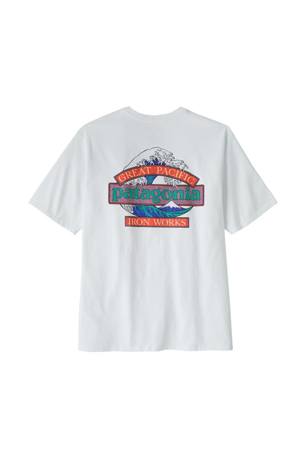 A white Patagonia short-sleeve t-shirt shown from the back, featuring a large multicolor graphic print with the brand's 'Great Wave, Great Beach, Great Mountains' logo and 'Iron Works' text.
