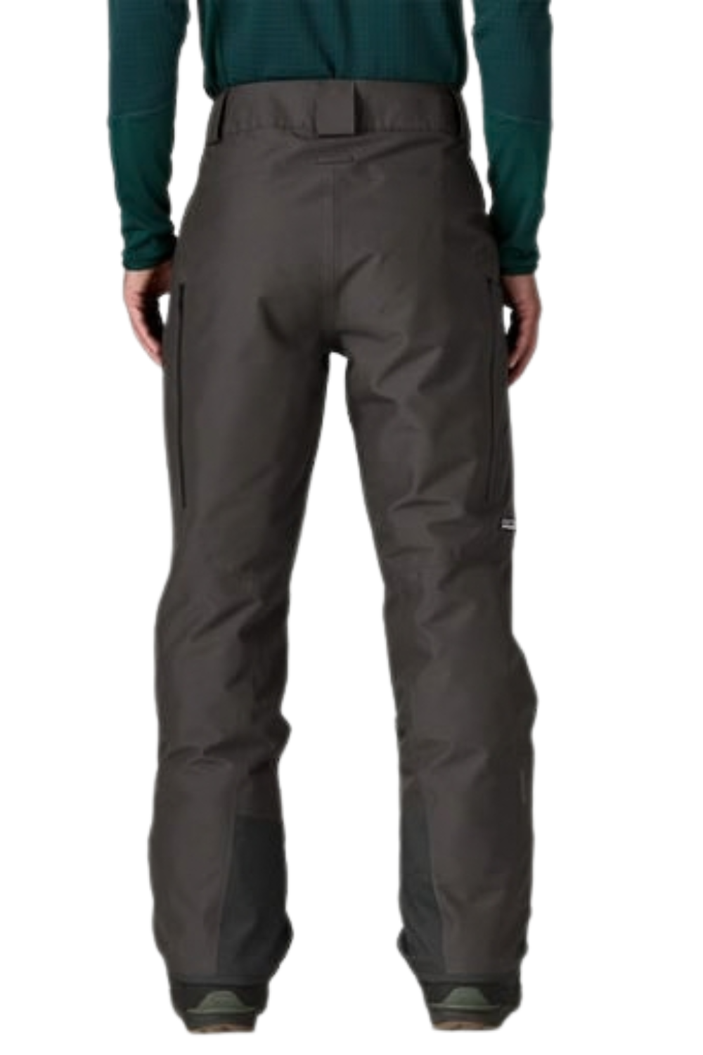 Rear view of a person wearing dark gray technical snow pants with a belt, shown against a plain white background.