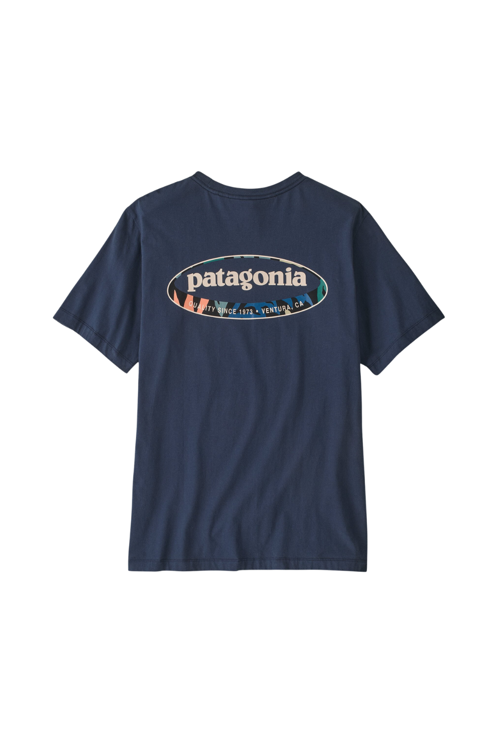 Navy blue t-shirt with Patagonia logo on a white background