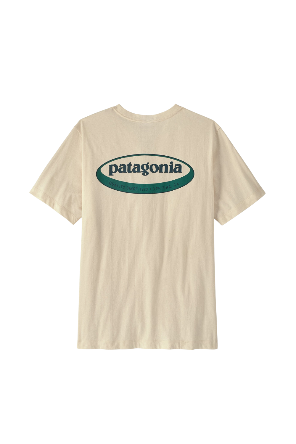 Beige t-shirt with Patagonia logo on a white background