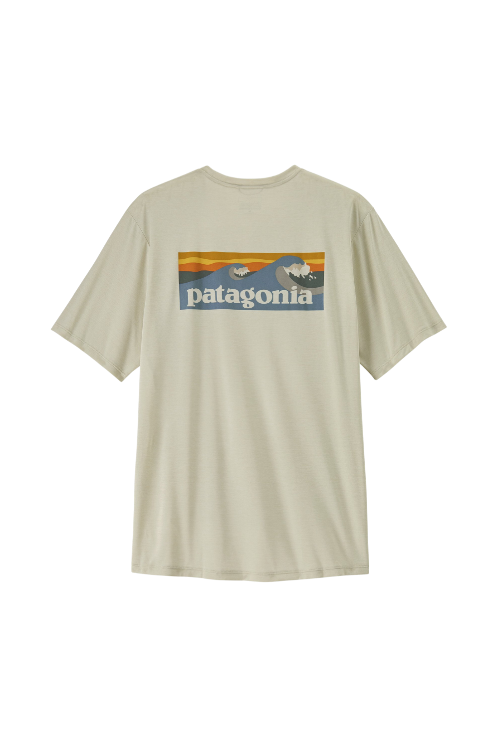 Beige t-shirt with Patagonia logo on a white background
