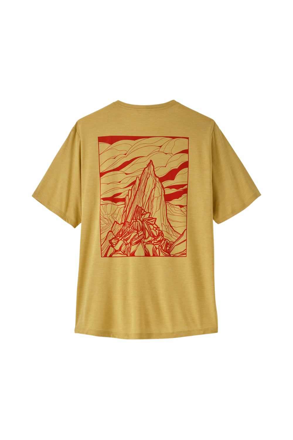 Yellow t-shirt with red graphic design on the back against a white background