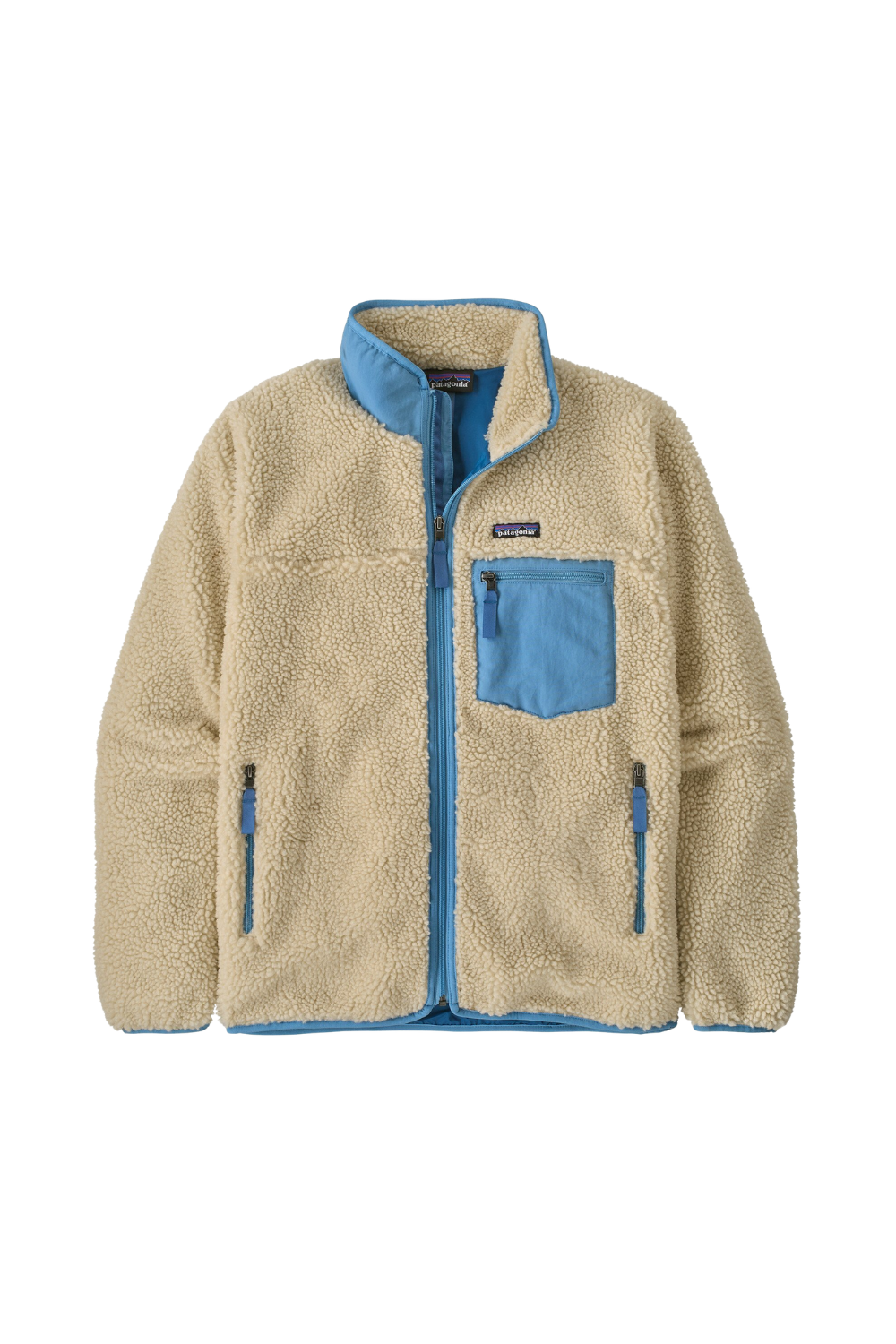 Beige fleece jacket with blue accents on a white background