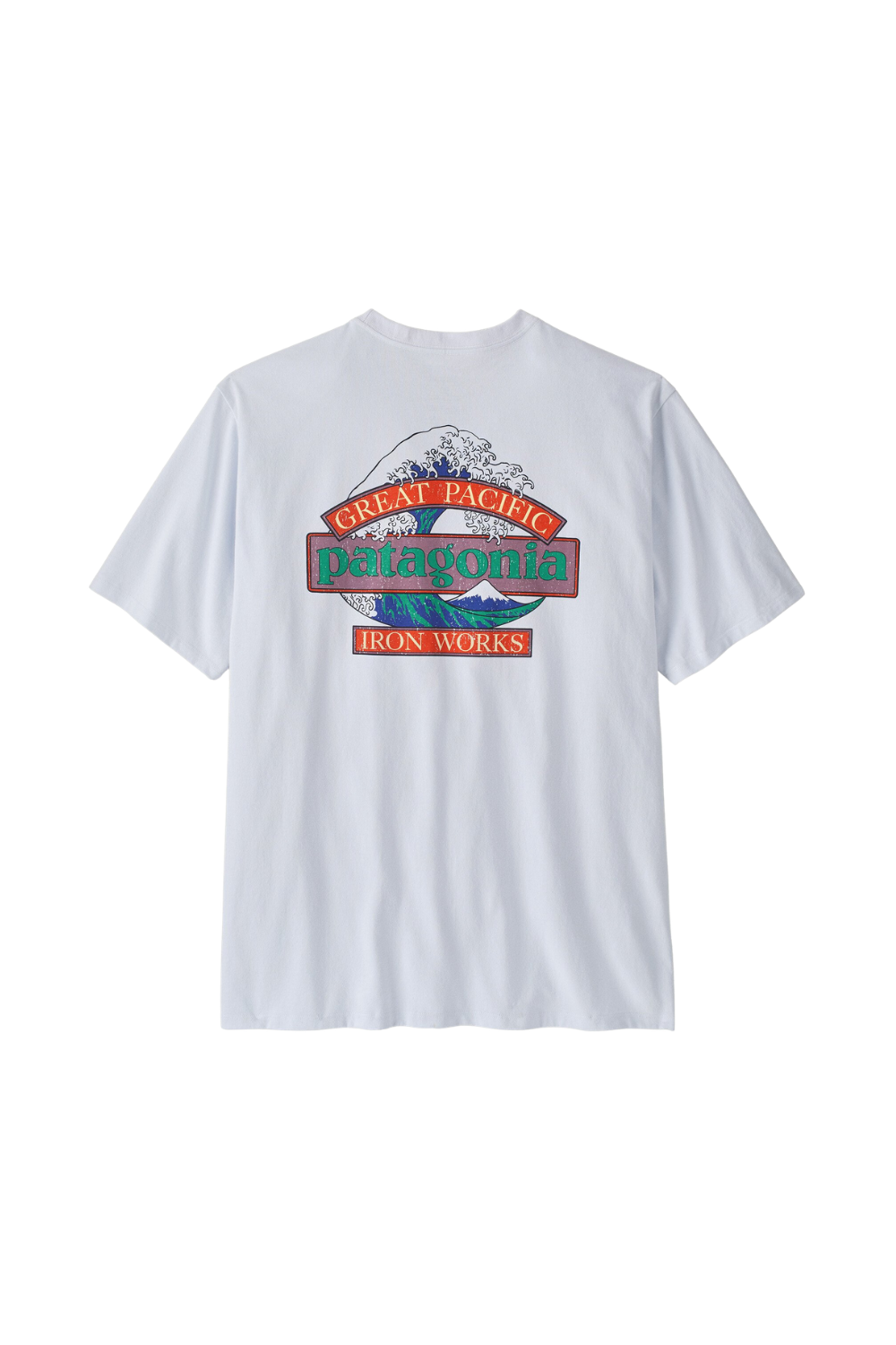 White t-shirt with a colorful graphic design on a white background