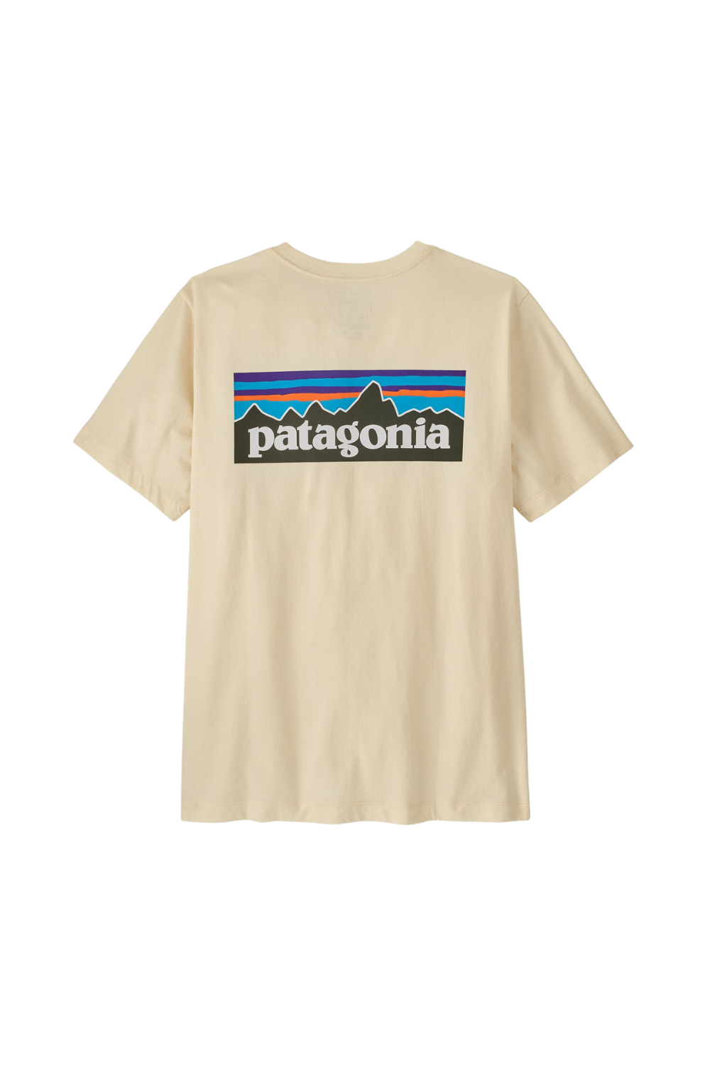 Beige t-shirt with Patagonia logo on a white background