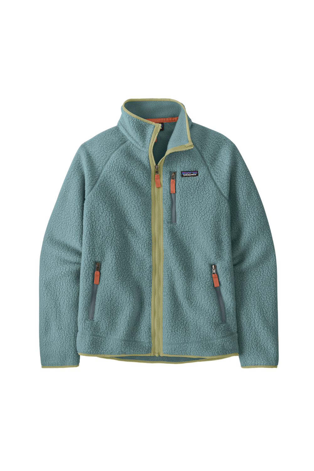 Light blue fleece jacket with orange accents on a white background