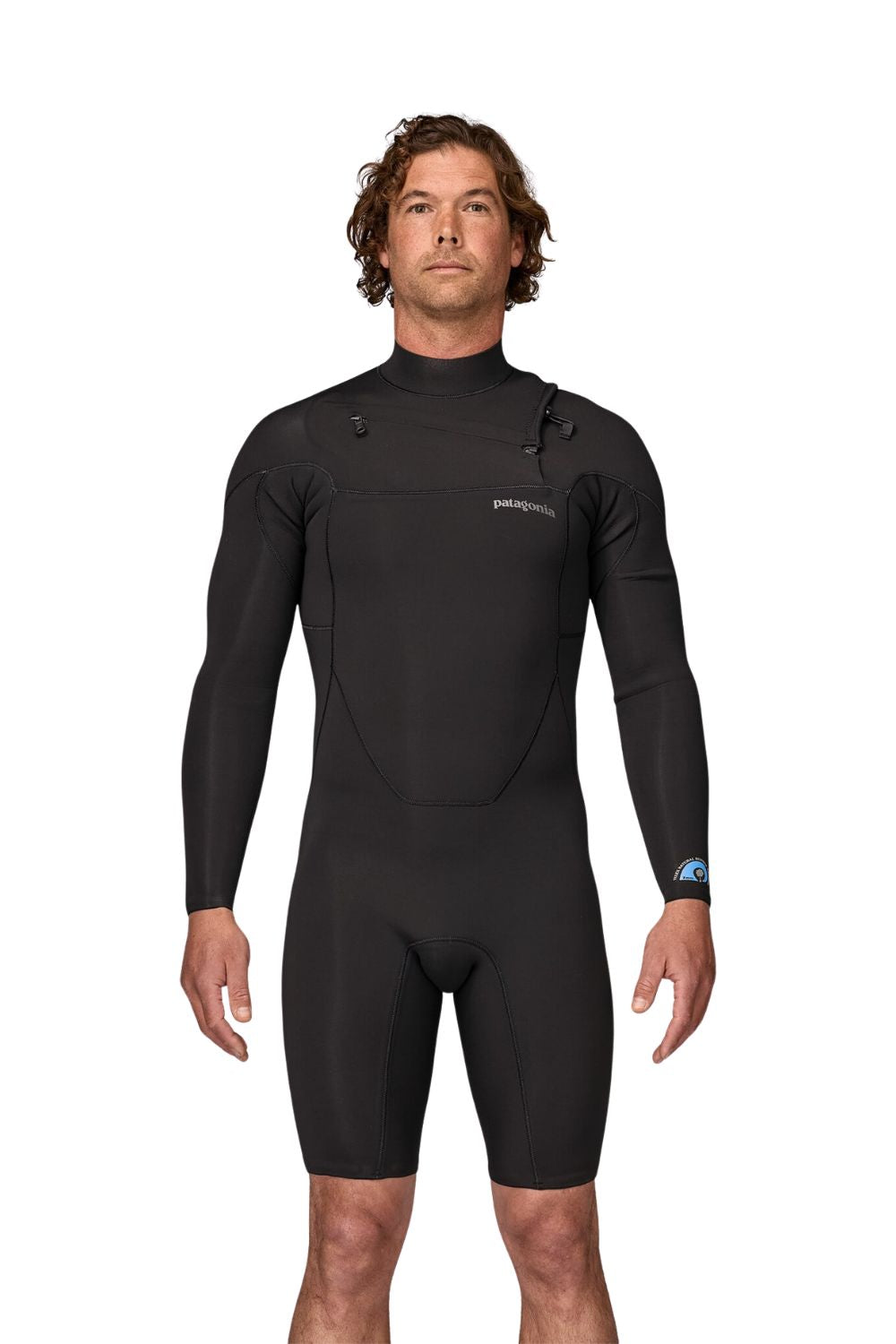 Black Patagonia spring wetsuit on a white background