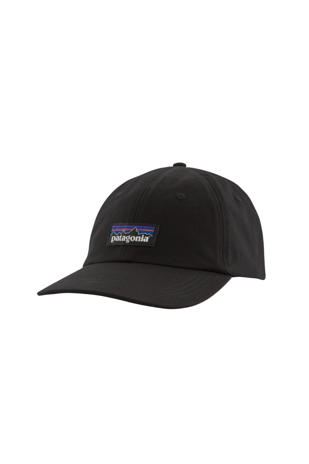 Black cap with a woven Patagonia logo on the front