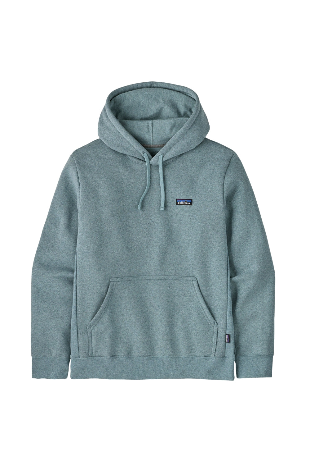 A heathered slate blue pullover hoodie with a drawstring hood, kangaroo pocket, and a small rectangular logo patch on the left chest, displayed against a solid white background.