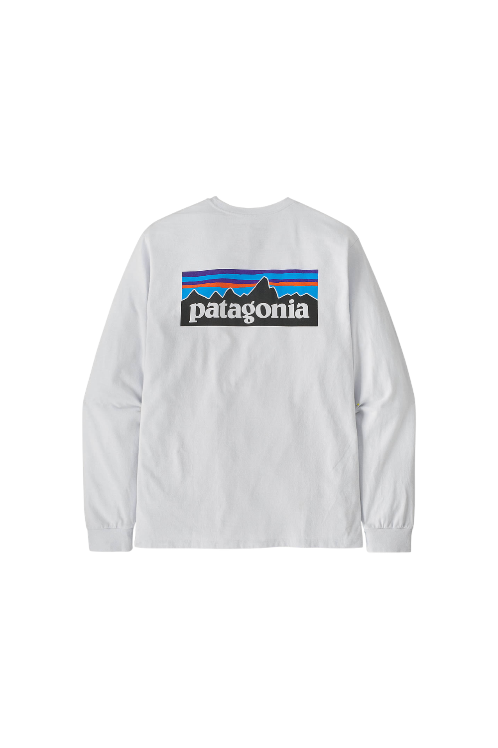 A white long-sleeve t-shirt with the iconic Patagonia 5-stripe mountain logo printed across the upper back, displayed on a clean white background.