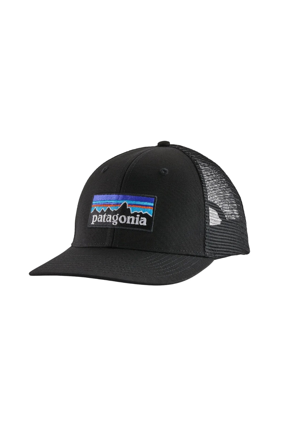 A black Patagonia trucker hat with a curved brim, black mesh back, and the signature multicolor Patagonia logo patch on the front.