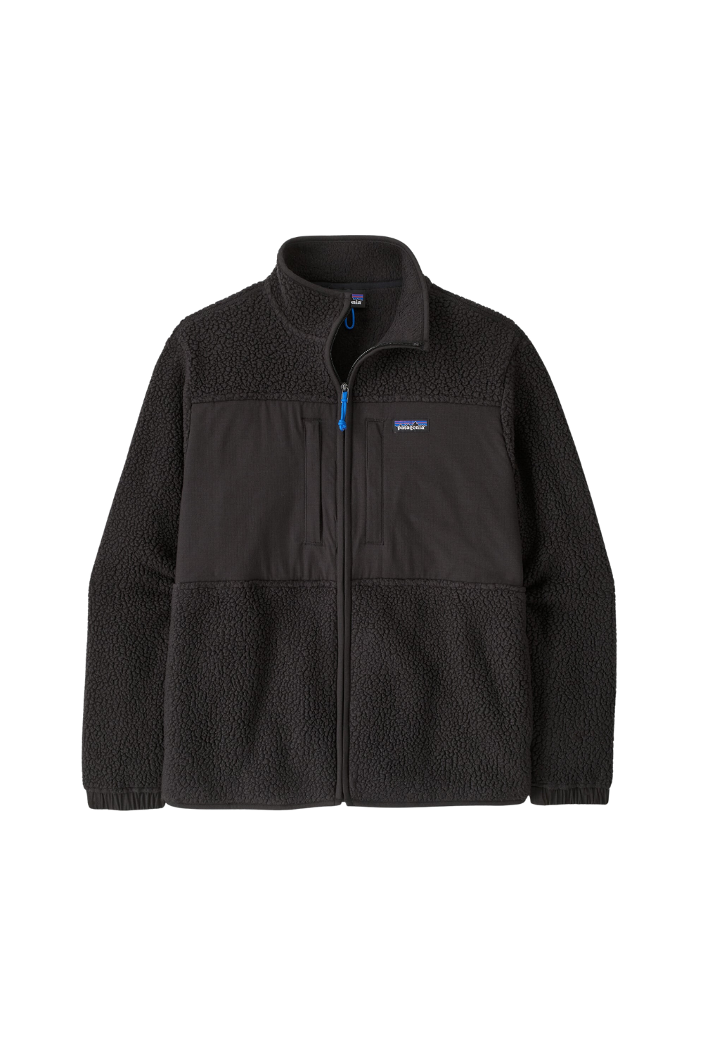 A black Patagonia fleece jacket with a full-zip front, a stand-up collar, and a vertical zippered chest pocket, shown against a plain white background.
