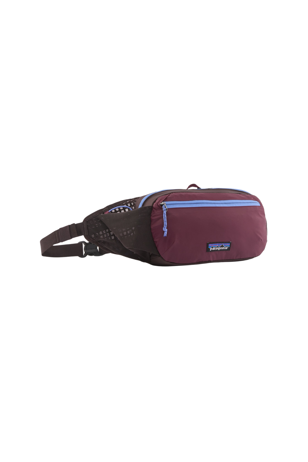Burgundy coloured waist bag with Patagonia logo on a white background