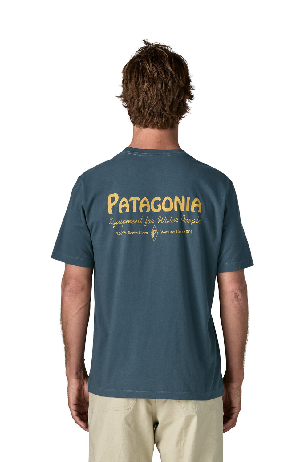 A man viewed from behind wearing a Patagonia short-sleeve t-shirt in slate blue with a gold graphic print on the back, paired with khaki pants, against a plain white background.