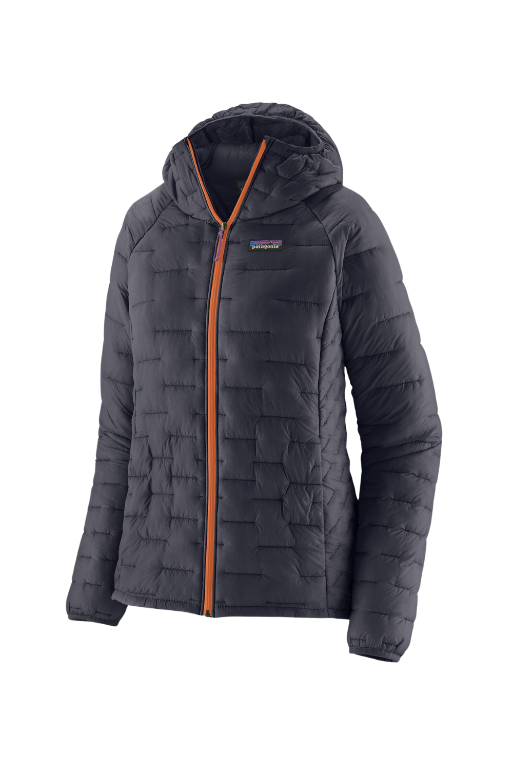 Dark blue puffer jacket with orange zipper 