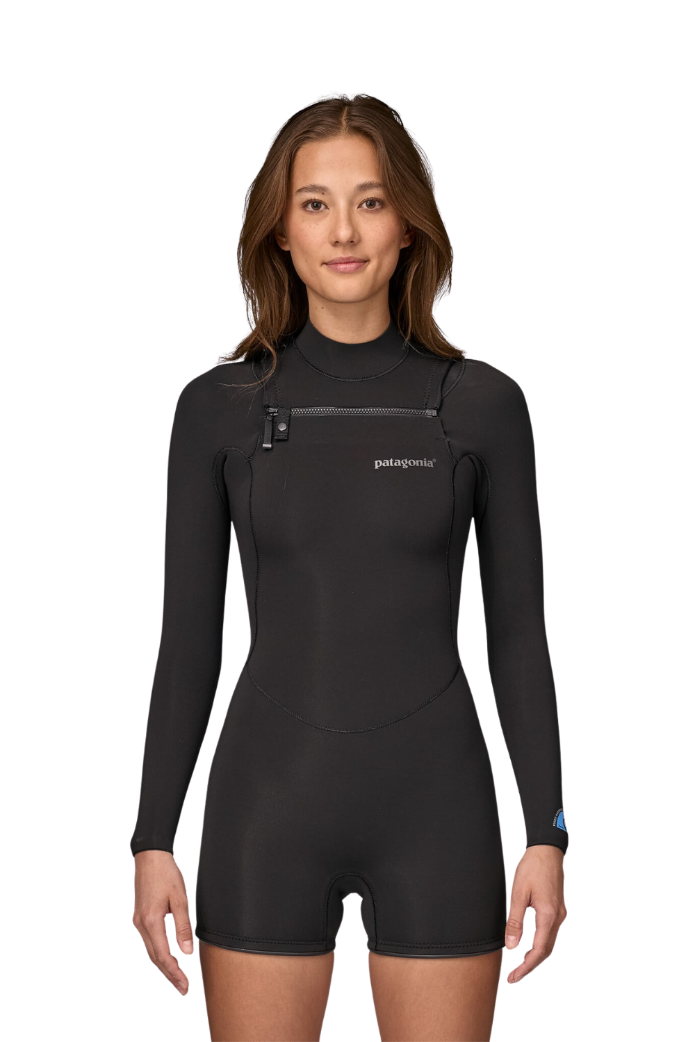 Woman wearing a Patagonia Yulex Regulator Lite Spring Wetsuit with Long Sleeves and Front Zip 