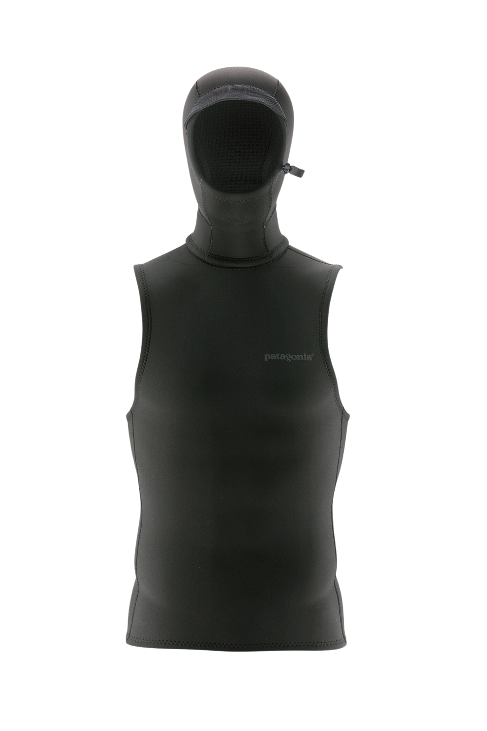 Black hooded wetsuit vest jacket with Patagonia logo on a white background