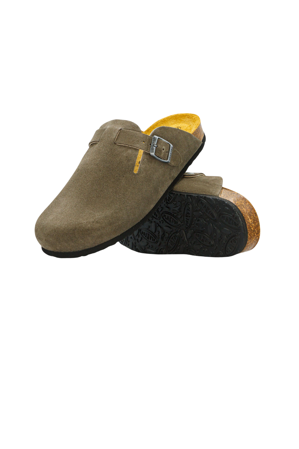 Pair of brown suede Plakton clogs with a buckle 