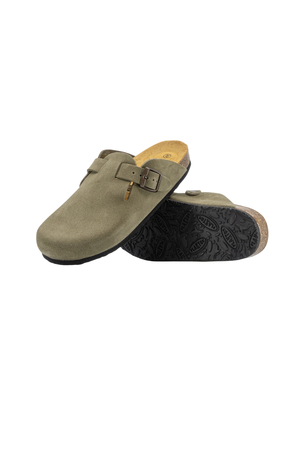 Pair of Plakton suede clogs in khaki with a buckle 