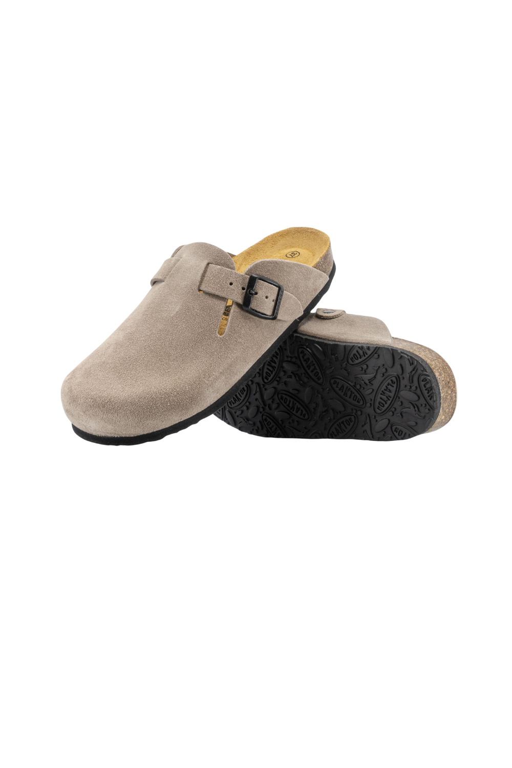 Pair of beige suede Plakton clogs with a buckle on a white background