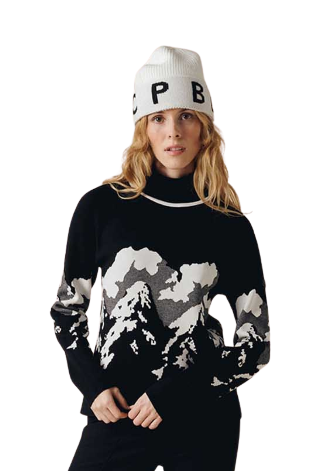 Person wearing a black sweater with mountain design and a white beanie with 'P B' logo on a white background