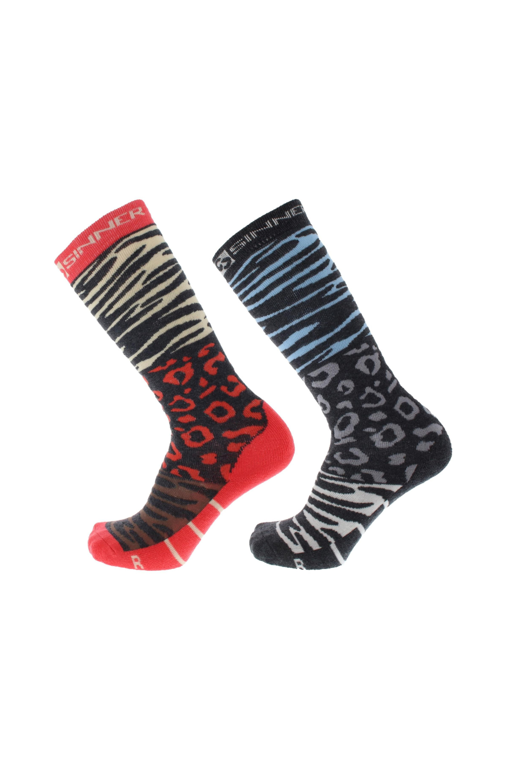 Sinner Womens Ski Socks Double Pack Animal Coral/Turquoise