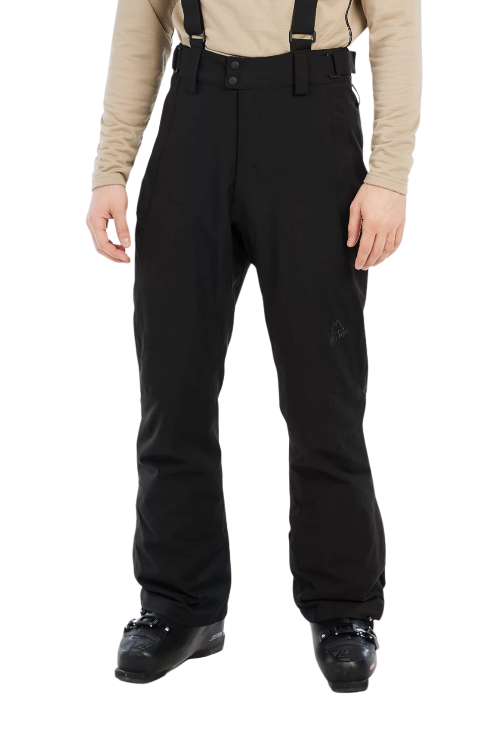 Person wearing black snow pants with suspenders on a white background