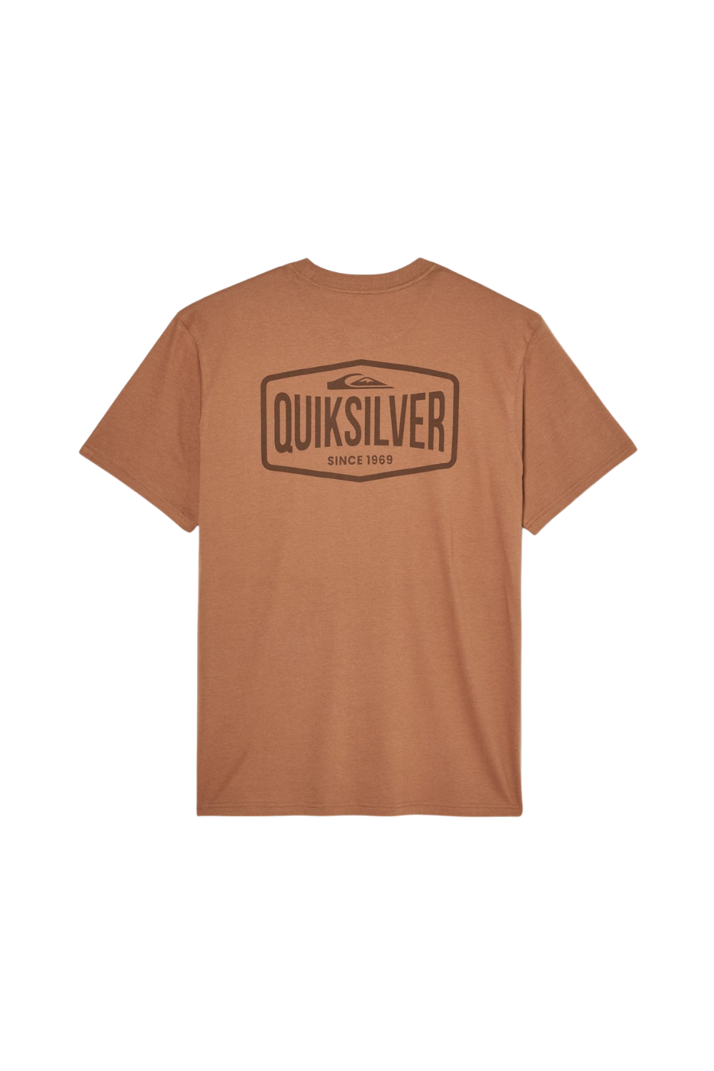 A brown short-sleeve t-shirt with a dark brown Quiksilver logo printed on the chest, displayed against a solid white background.