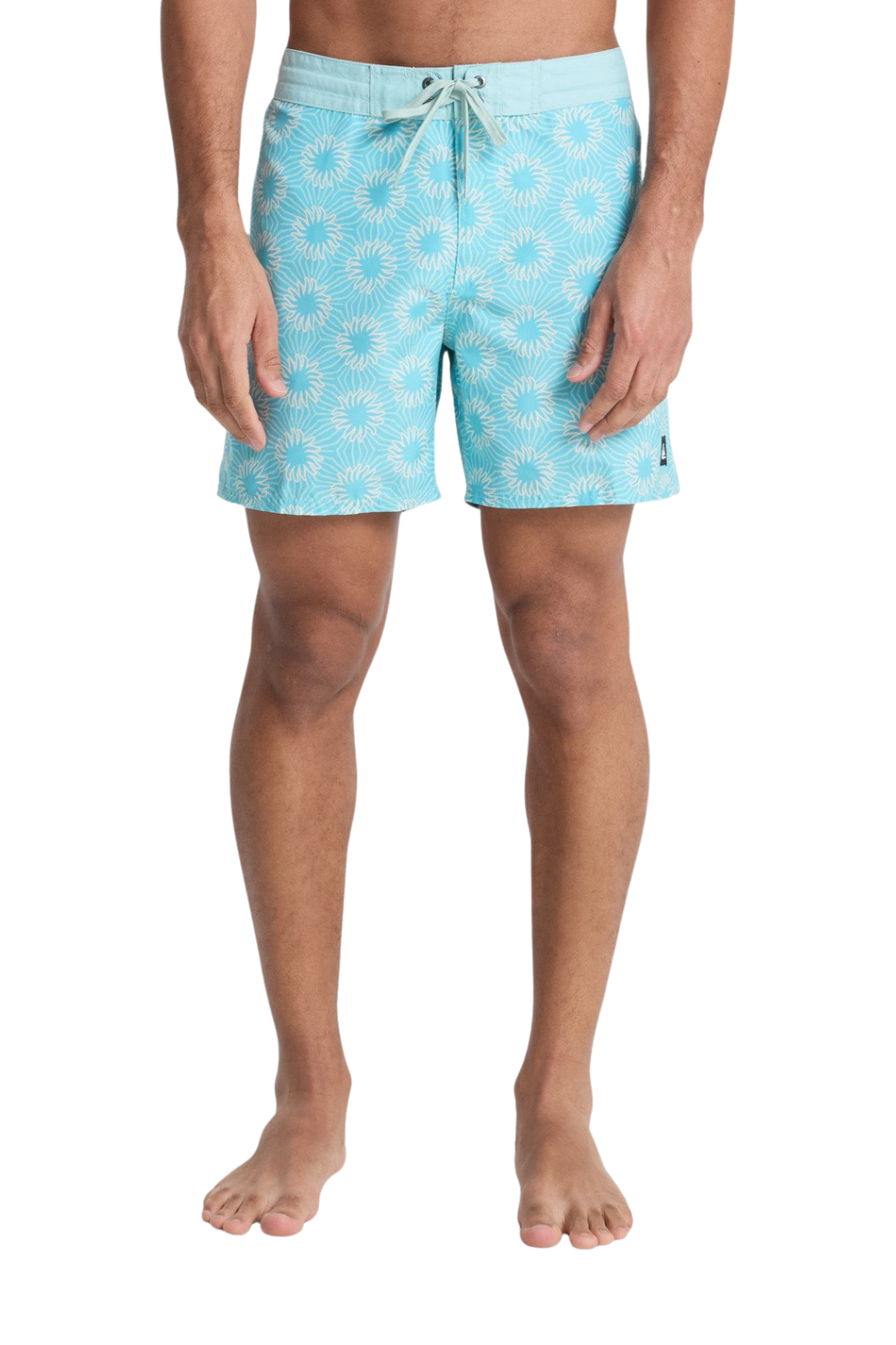 Person wearing light blue swim shorts with a geometric pattern on a white background